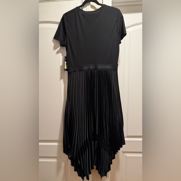 NWT. Karl Lagerfeld Monogramed Mixed-Media Pleated Midi Dress - Picture 5 of 10